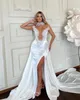 Luxury Mermaid Wedding Dresses Strapless Pearl Bridal Gowns With Detachable Train Beading Sleeveless Side Split Sweep Train Robe