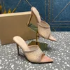 10.5 Rhinestone Mules Open Toe Mesh Slippers Summer Stiletto High Heels Sandal Women Designer Crystal Dress Wedding Sexy Luxury Shoes Slips on Calf Leather Sole