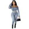 Zweiteilige Damen-Hosen, Damenbekleidung, Streetwear, modisches Set für passende Bleistift-Sets, sexy trägerlose Langarm-Tops, Denim-Overalls