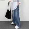 Pantalones de mujer Capris japoneses Vintage pierna ancha pantalones de trabajo con bolsillo grande para hombres novedad de verano marca de moda Unisex pantalones vaqueros sueltos de pierna recta L240110