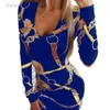 Spring Summer Dresses For Women Chain Print Hip Slim Long Sleeve Bodycon Sexy Mini Birthday Dress Robe Womens Designer Clothing