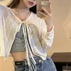 Kobieta T-shirt Summer Bow Solid Kolor krótkie cienkie damskie kardigan Koreańska moda swobodna ochrona przed słońcem Top Women Clothin 240110