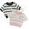 Women's o-neck short sleeve rainbow color stripe knitted letter embroidery sweater tees SML