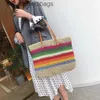 ショルダーバッグ女性レインボーカラーハンドバッグビーチバッグレイタン織り手作り手作り編みstr