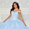 Sky Blue Off the Shoulder Appliques Lace Quinceanera Dress Sweet 16 Vestidos de Birthday Party Ball Ball Gowns Pärled Custom Made YD