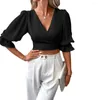 Damesblouses Sexy V-hals Slim Fit Temperament Bubble Sleeve Effen Kleur Korte Shirt Top