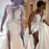 Lindo vestido de casamento de cetim de um ombro com trem destacável longo seeve frisado apliques de renda lateral dividido sexy vestido de noiva africano luxo desgaste da noiva