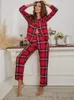 Pyjama femme à carreaux rouges 2 pièces vêtements de nuit hauts pantalons automne hiver Pijamas HomeWear vêtements bouton avant avec poche poitrine 240110