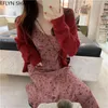 Sukienki Koreańska letnia moda 2 -częściowa stroje Słodka moda czerwona kardiganstrap Slip Kwiatowy nadruk Dwie kawałki garnitury