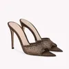 10.5 Rhinestone Katırları Açık Ayak parmağı terlikleri Yaz Stiletto Yüksek Topuklu Sandal Kadınlar Tasarımcı Kristal Elbise Düğün Bulf Deri Sole Seation Luxury Shoes Slips