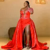 Plus Size Aso Ebi Ballkleider One Shoulder Red High Split Rehinestones formelles Abendkleid für besondere Anlässe mit abnehmbarer Schleppe Geburtstagsfeierkleider NL445