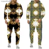 Herrspårsräder lyxiga Golden Floral Print Men's 2 -stycken outfit retro barock mönster hoodie/byxor/set hip hop streetwear män/kvinnor jogging kostym t240110