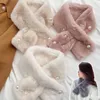 Scarves Korean Plush Cross Scarf Pearl Beaded Warm Neck Outdoor Thicken Shawl Soft Faux Fur Collar Solid