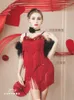 Stage Wear Red Fringe Latin Dance Dress Adult Women Competition Costume ChaCha Samba Rumba Dancing Performance Dresses VDB7879