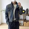 Fake Two Design Retro-Jeansjacke für Männer und Frauen, kurzer Reißverschluss, einreihig, Cowboy-Mäntel, blau gewaschen, Stehkragen, Unisex, Oberbekleidung 240109