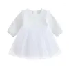 Girl Dresses Baby Girls Casual Dress Long Sleeve Crew Neck Feather Pearls Patchwork Tulle Princess Streetwear Daily