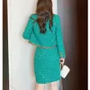 Spring Autumn Women's Green Tweed Blazer Set Office Formal Party Women Sequin Plaid Woolen Jacket and Split Midi Skirt Suit 240109