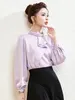 Women's Blouses Elegant Satin High Collar Shirt Office Dress Front Bevelled Ruffles Long Sleeved Purple Solid