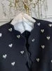 Otoño invierno moda corazón hebilla negro lana tweed chaqueta corta abrigo mujer vintage manga larga cuello en v onda cardigan outwear top 240109