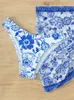 set Fashion Blue and White Porcelain Printed Twopiece Swimsuit Women 2024 High Waisted Sexy Three Piece Bikini with Cover Up Skirt