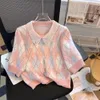 Primavera verão moda coreana camisola feminina contas de unhas de manga curta solta colisão cor diamante treliça costura topos faculdade 240109