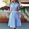 T-Shirt Fashion Striped Print Outfits Womenturndown Collar Button Crop Top + Aline Skirts Two Piece Suit Autumn Casual Woman Suit's