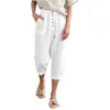 Pantalon femme blanc coton lin cordon de serrage ample jambe large taille haute pantalon avant boutonné poche pantalon femme Capri