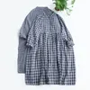 Casual Dresses Loose Dress Spring Plaid Print V Neck Midi med A-Line Silhouette Shirring Manschettdetalj för kvinnor dubbelskiktad