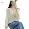 Women's Blouses B36D Women Cropped Cardigan Tops Hollow Out Knitted Shirt Sexy V- Neck Crop Retro Long Puff Sleeve Crochet Blouse