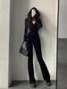 Tvvovvin moda siyah kadife ince kapşonlu fermuar uzun kollu parlama pantolon tulumlar Koreli seksi üstler 9p64 240109