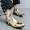 Stivali eleganti a punta con strass glitterati in pelle verniciata da uomo color oro Scarpe formali alte con cerniera alla moda da uomo