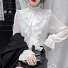 Women's Blouses Korean Ruffles Stitching Elegant LaceBlouse Woman Stand Collar Button Chiffon Shirt Long Flare Sleeve Fashion Loose Tops