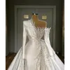 Stunningbride 2024 Sparkly Long Sleeves Mermaid Wedding Dresses with Overskirt Bridal Gown One Shoulder Beaded Luxury Pearls Crystals Pleats Bride Dress