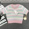 Women's o-neck short sleeve rainbow color stripe knitted letter embroidery sweater tees SML