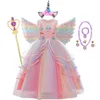 Filles Licorne Robe Arc-En-Princesse Fantaisie Robe De Fête D'anniversaire Enfants Enfants Halloween Licorne Effectuer Costume Pour 3-12 Ans 240109