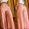 Letnia talia szeroka noga proste spodnie Kobiety Łańcuch High Casual Pocket Design Eleganckie wakacje długie spodnie uliczne odzież luźne spodnie 240110