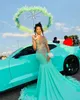 Mint Green Satin Feathers Mermaid Prom Dresses 2024 O nek met Sliver Crystal Beading Plus size verjaardagsfeestjurken 322