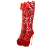 Sandals TRILEINO Fashion Peep Sexy Toe Thin Heels Shoes Summer Style Hollow Out Cross Lace-Up Platform Knee-High Boots Women