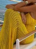 Casual Dresses Fashion Half See Through Mesh Maxi Dress Women Yellow Sexig V-ringad ärmlös Backless Slim 2024 Elegant Beach Vestido