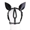 Harnais en cuir fétiche pièce de tête masque à capuche avec bouche en os de silicone oreilles gag oreilles ombre bandeau pour poney animal de compagnie cosplay bdsm 240109