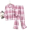 Katoen Flanel Dames Lange Broek Pyjama Sets voor Nachtkleding Geruit Ontwerp Losse Herfst en Winter Mouw Broekpakken 240110