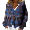 Kobiety Grid Grid Cardigan V-Neck Casual Sweater Lady Button Up Knited Cropped Płaszcz 2024 Spring Autumn Nieregularne eleganckie topy 240104