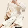 Conjunto de pijama de renda 2 peças doce dot print sleepwear com camiseta de manga completa e calças compridas aconchegante princesa conforto macio homewear 240110