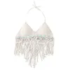 Women's Tanks Women Pompom Tassel Halter Bikinis Bras Hollow-Out Crochet Knit Beach Holiday Bralette Camisole Tops With Chest Pads