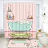 Shower Curtains Pink Striped Girl Print 3D Shower Curtain Romantic Polyester Bathroom Curtain Anti-slip Bath Mat Set Toilet Rugs Carpet Decor