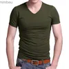 Homens camisetas 2023 Stretch Lycra V Collar Mens Camiseta Cor Sólida T-shirt de Manga Curta para Homens Masculinos Calças Slim TshirtL240110