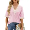 Women's T Shirts Quarter Sleeve Gold Lace Patchwork Casual V Neck Women Cotton Tops Long Womens Tech Spandex Shirt