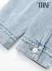 Traf Women Fashion Patch Pockets Ripped Denim Croped Jacket Coat Vintage Långärmad frayed Hems Female Outerwear Chic Tops 240109