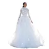 Collo splendido abito da sposa alto applicazioni in pizzo floreale manica lunga linea ad A treno cappella abiti da sposa abiti da sposa in tulle bianco su misura Es