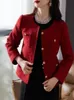 Zoki élégant noël rouge Tweed veste femmes hiver épais chaud doux manteau français Vintage à manches longues conception femme décontracté hauts 240109